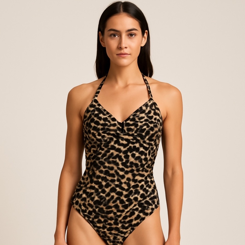* Aqua Green Cheetah Print Halter One Piece Swimsuit Size Large